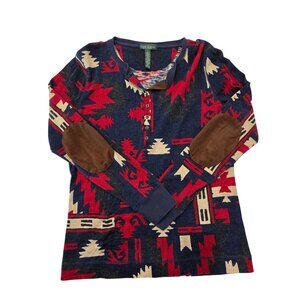 LRL Ralph Lauren Jeans Top Large Red Blue Aztec Southwestern Elbow Patch Henley